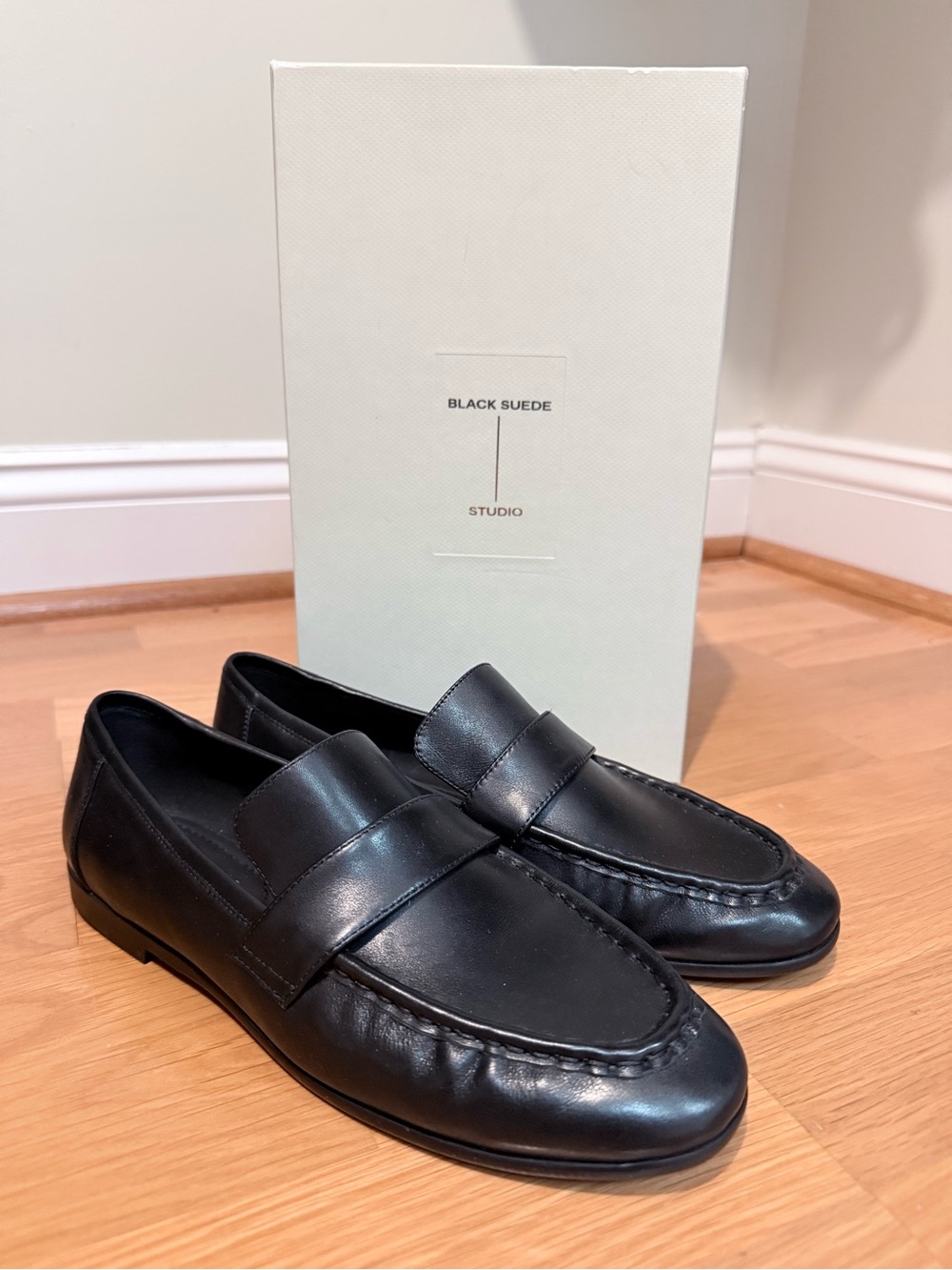 Black Leather Penny Loafers - Black Suede Studio